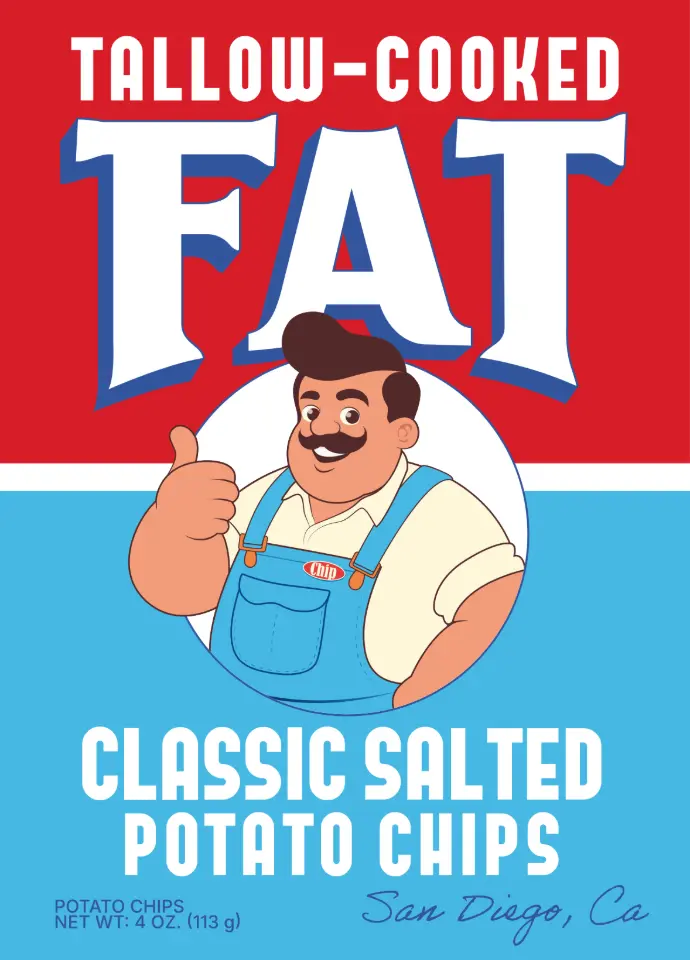 A bag of FAT Chips potato chips cooked in beef tallow